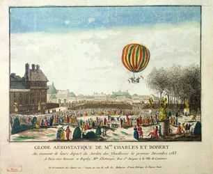 De vlucht van Jacques Charles (1746-1823) en Nicholas Robert (1761-1828) uit de Jardin des Tuileries, 1 december 1783